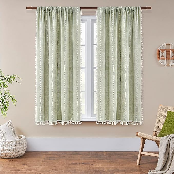 Boho Curtains Embroidery Striped Country Farmhouse Curtains for Bedroom Sage Green Linen Curtains 63 Inch Length 2 Panels Light Filtering Curtains for Living Room(52" W x 63" L,Sage Green)