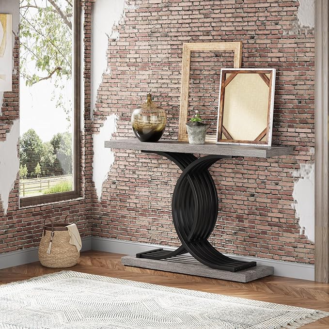 Console Tables for Entryway, Modern Farmhouse 39-inch Entryway Table with Geometric Base, Wooden Hallway Table for Entrance, Living Room (Brown)