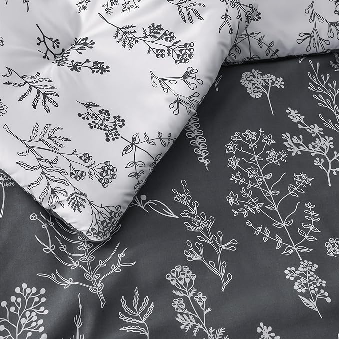 Bedsure California King Comforter Set - Dark Grey Bed Set, 3 Pieces Cute Floral Bedding, 1 Soft Reversible Botanical Flowers Comforter and 2 Pillow Shams