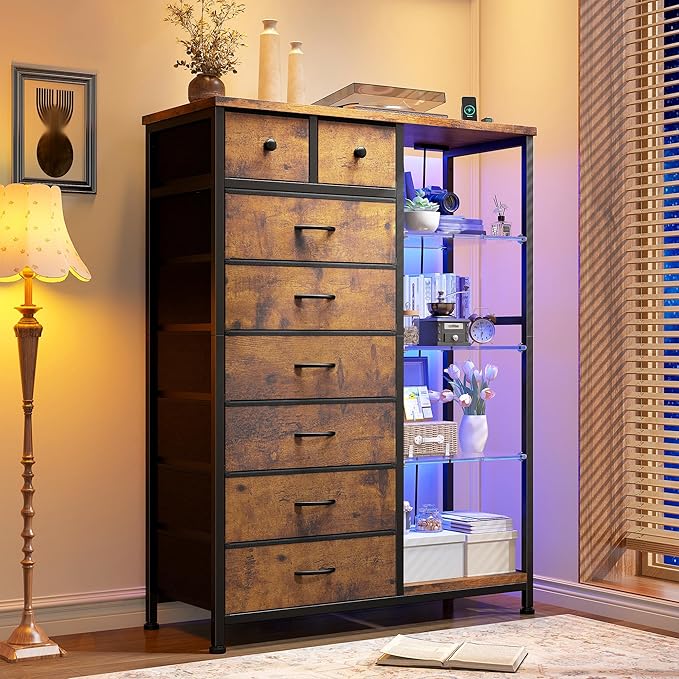 EnHomee Dresser for Bedroom with LED Lights & Power Outlets Tall Dresser with 8 Drawers Fabric Dressers & Chests of Drawers for Bedroom, Closet, Sturdy Metal Frame, Acrylic Plates (Rustic Brown)