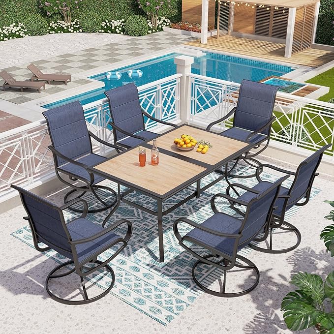 PHI VILLA 7 Piece Patio Dining Set, 6 Swivel Patio Chairs with Padded Textilene Fabric & Rectangular Dining Table (1.6" Umbrella Hole), All Weather Patio Chairs and Table Set for Deck Lawn (Blue)
