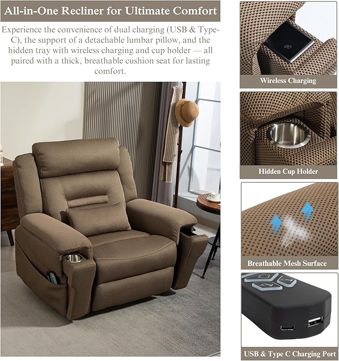 Big Man Power Lift Recliner for Elderly Adults 28 Inch Wide Seat, Lay Flat Lift Chair with Heat Massage, Cup Holder & Wireless Phone Charger, USB Type C Charging, Big Tall 400 lbs