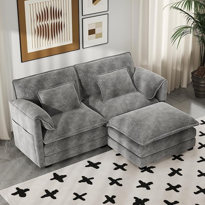 Real Relax 75.3'' Modular Sectional Sofa, Loveseat Chenille Convertible Couch with Movable Ottoman 4 Pillows and 2 Armrest Pillows for Living Room, Office and Leisure Places, Dark Gray