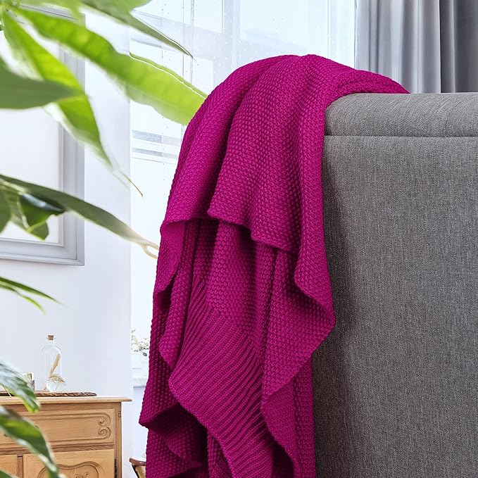 PiccoCasa 100% Cotton Knit Throw Blanket,Solid Lightweight Decorative Throws and Blankets,Soft Knitted Throw Blanket for Sofa Couch, Fuchsia 50" x 60"