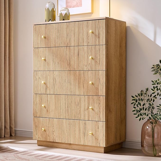 Fluted Dresser for Bedroom, 5 Drawer Dressers, Wood Tall Dresser Storage Organizer, Chest of Drawers with Deep Storage, Modern Bedroom Chest for Closet Hallway, Entryway, Living Room, Natural