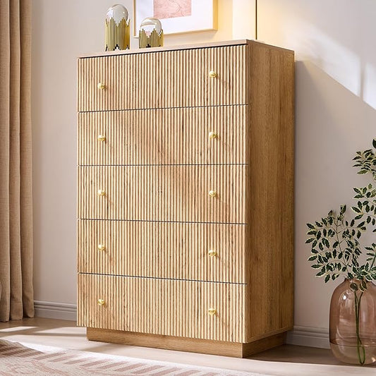 Fluted Dresser for Bedroom, 5 Drawer Dressers, Wood Tall Dresser Storage Organizer, Chest of Drawers with Deep Storage, Modern Bedroom Chest for Closet Hallway, Entryway, Living Room, Natural