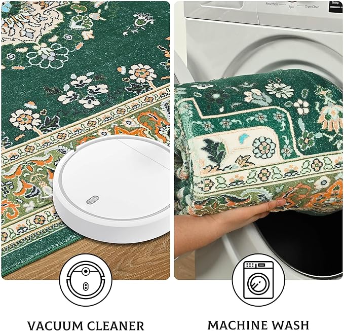 Vintage Area Rug 5x8 Rugs, Machine Washable Vintage Area Rug Non-Slip Low Pile Large Rug for Living Room, Bedroom, Farmhouse, Dining Room, Green