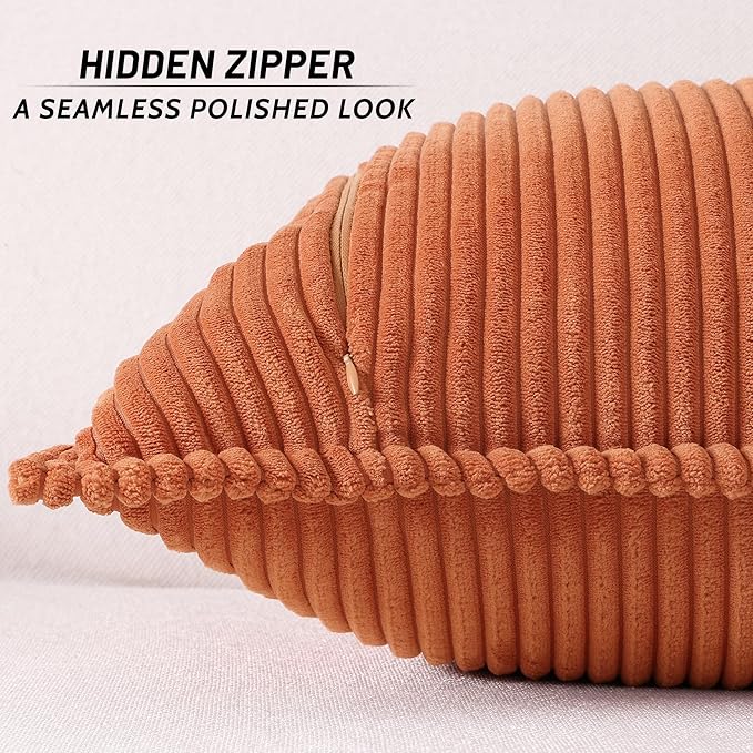 Mecatny Corduroy Fall Throw Pillow Covers 22x22 Set of 2, Neutral Decorative Soft Burnt Orange Boho Couch Pillow Covers with Broadside for Sofa Living Room, Rust