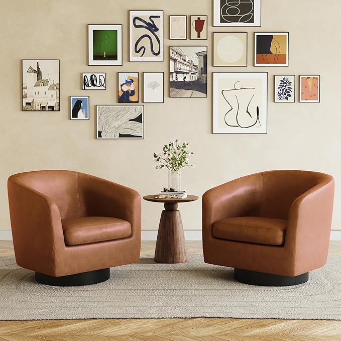 UIXE 360° Swivel Barrel Accent Chair Armchair, PU Leather Round Club Arm Chair for Lving Room, Modern Upholstered Small Bedroom Single Sofa Seat - Brown, Set of 2