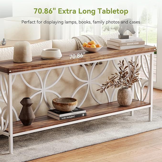 LITTLE TREE Sofa Table, 70.9 Inch Industrial Behind Couch Table with Storage Shelves, Narrow Long Console Table for Entryway, Living Room, Foyer, Hallway, Office