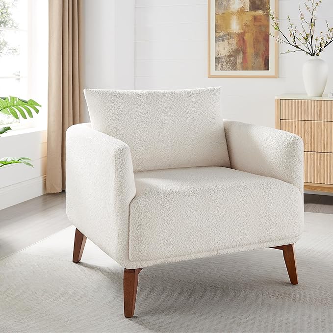 Oversized Accent Chair Modern Boucle Armchair for Living Room Sets of 2, 37" Wide & Cozy Reading Chair with Solid Wood Legs, White Upholstered Lounge for Bedroom & Office, (Easy Assembly)