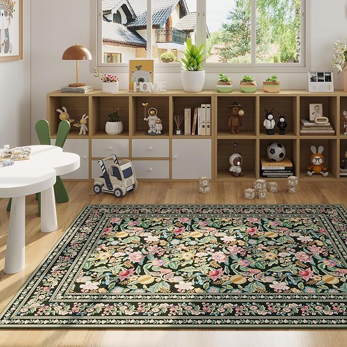 5x7 Washable Rug Vintage Floral Area Rug Non Slip Low Pile Large Rugs for Living Room, Bedroom, Farmhouse, Dining Room, Kids Playroom, Green