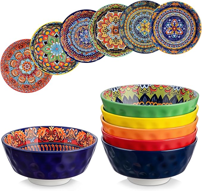 vancasso 26oz Cereal Bowls Set of 6, Boho Ceramic Soup Bowls with Colorful Bohemian Pattern, Microwave & Dishwasher Safe Serving Bowls for Salad, Oatmeal, Pasta, KRVI Series