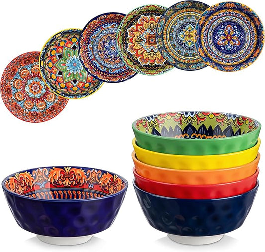 vancasso 26oz Cereal Bowls Set of 6, Boho Ceramic Soup Bowls with Colorful Bohemian Pattern, Microwave & Dishwasher Safe Serving Bowls for Salad, Oatmeal, Pasta, KRVI Series