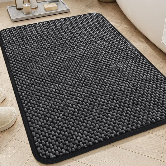 AMOAMI Chenille Bath Mat Super Absorbent Bathroom Mat Quick Dry Bath Mats for Bathroom Rubber Backed Bathroom Rugs Non Slip Washable Fit Under Door, Front of Bathtub, Sink, Darkgrey&Black 24"x36"