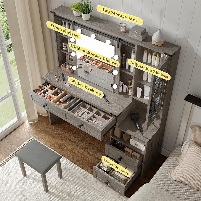 EnHomee 47.2" Farmhouse Makeup Vanity Desk with Sliding HD Mirror and Lights, Vanity Table with 4 Drawers & RGB Cabinets, Modern Lighted Vanity Table for Bedroom, Light Rustic Oak