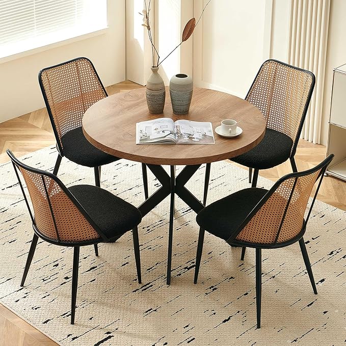 Modern Rattan Dining Chairs Black Set of 4, Upholstered Dining Room Chairs Boucle Woven Cane Kitchen Dining Accent Chairs for Reception Rooms, Restaurant