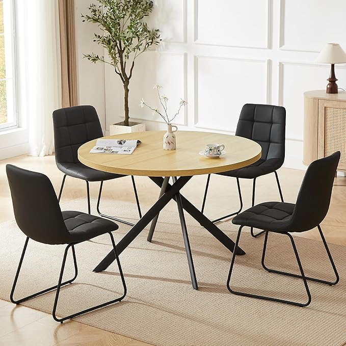 45.3 Inch Round Dining Table Set for 4, Mid Century Modern Small Coffee Set for Dining Room Kitchen Apartment (Cream Table + 4 U-Shaped Black Chairs)