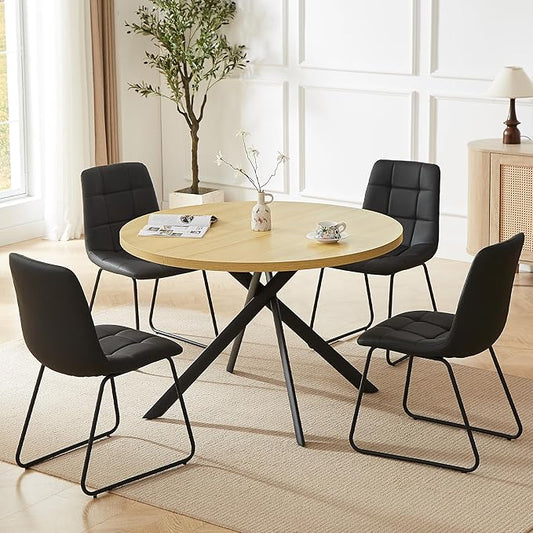 45.3 Inch Round Dining Table Set for 4, Mid Century Modern Small Coffee Set for Dining Room Kitchen Apartment (Cream Table + 4 U-Shaped Black Chairs)