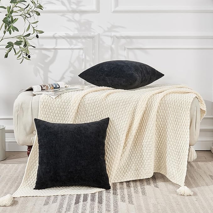GAWAMAY Decorative Chenille Throw Pillow Covers 26x26 Inch Pack of 2, Soft Square Couch Pillow Cover for Sofa Cushion Living Room Bedroom Solid Dyed Oversized Pillowcases Black 66x66cm (ONLY Covers)