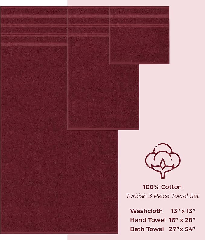 American Soft Linen Premium 3 Piece Towel Set, 1 Bath Towel 1 Hand Towel 1 Washcloth, 600 GSM 100% Cotton Turkish Towels for Bathroom, Bordeaux Red Towel Set