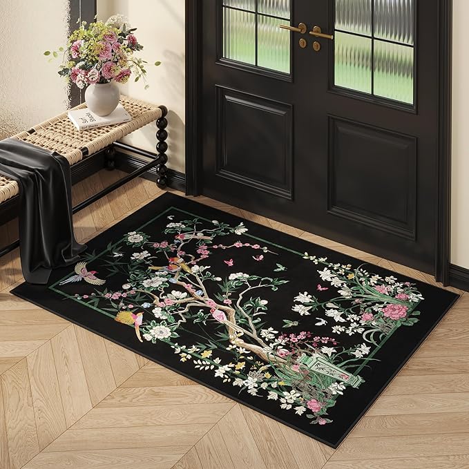 Door Mat Indoor Entrance 2x3 Rug Chinoiserie-Style Floral Vintage Machine Washable Small Area Rug Non-Slip Low Pile Throw Rugs for Entryway, Kitchen, Front Door, Entry, Kids Room, Black
