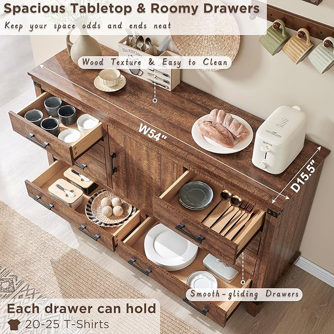 T4TREAM Farmhouse 8 Drawers Dresser for Bedroom, 54" Wide Wood Chest of Drawers w/Storage Cabient & Adjustable Shelf, Rustic Dressers Organizer for Living Room, Hallway, Reclaimed Barnwood