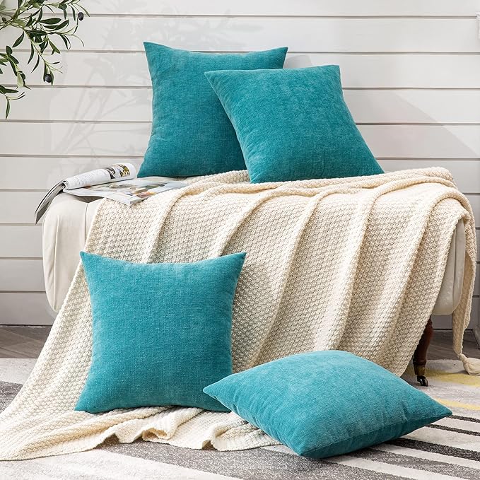 GAWAMAY Decorative Square Throw Pillow Covers 18x18 Inch Set of 4, Super Soft Chenille Pillows Cover Fall Pillowcase for Living Room Bedroom Sofa Couch Cushion Cover Teal 45x45cm (No Insert)