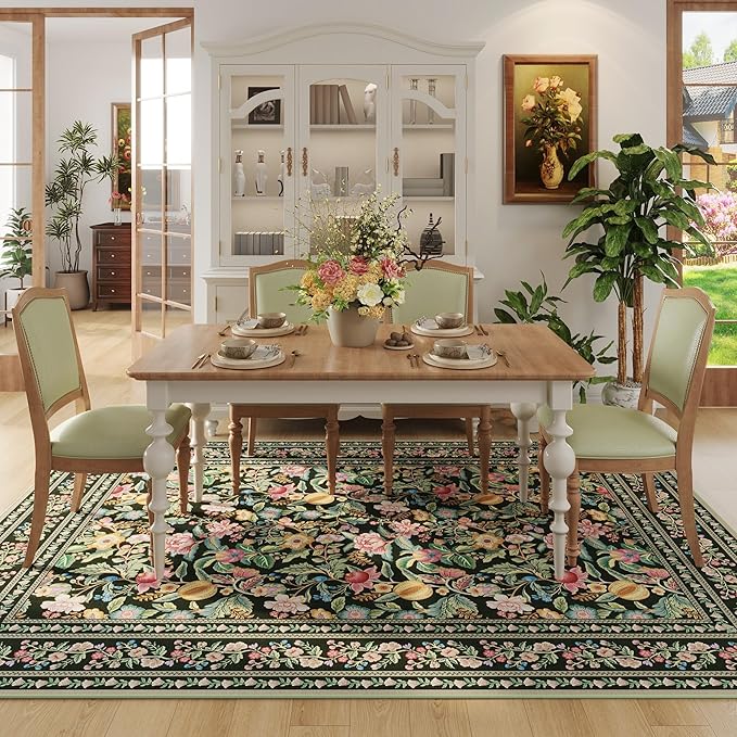 5x7 Washable Rug Vintage Floral Area Rug Non Slip Low Pile Large Rugs for Living Room, Bedroom, Farmhouse, Dining Room, Kids Playroom, Green