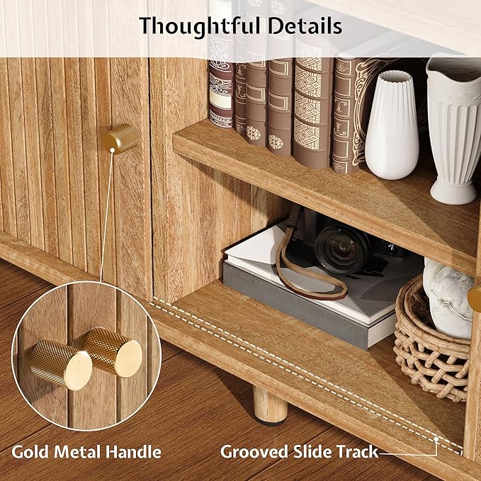 70" TV Stand with Tambour Door, Mid Century Modern TV Console with Solid Wood Legs for TVs up to 80", Fluted Entertainment Center with Dust-Proof Storage for Living Room, Natural Oak