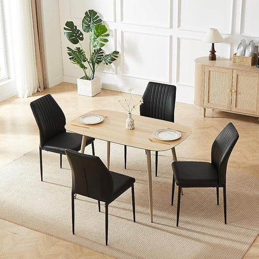 47.2'' Modern Solid Wood Dining Table Set for 4 with Scratch-Resistant Surface & 4 Black Leather Chairs - Cat-Friendly Kitchen Dining Room Furniture Set