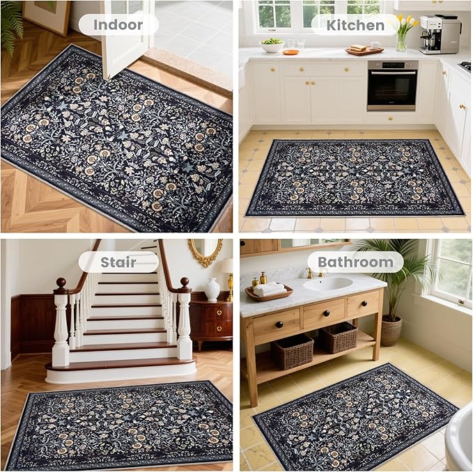 Area Rug Kitchen Rugs, 3X5 Small Washable Rug Floral Modern Kitchen Mats for Floor, Soft Door Mat Indoor Entrance Ultra-Thin, Non-Slip Stain Resistantg Rugs for Entryway, Kitchen, Kids Room, Black