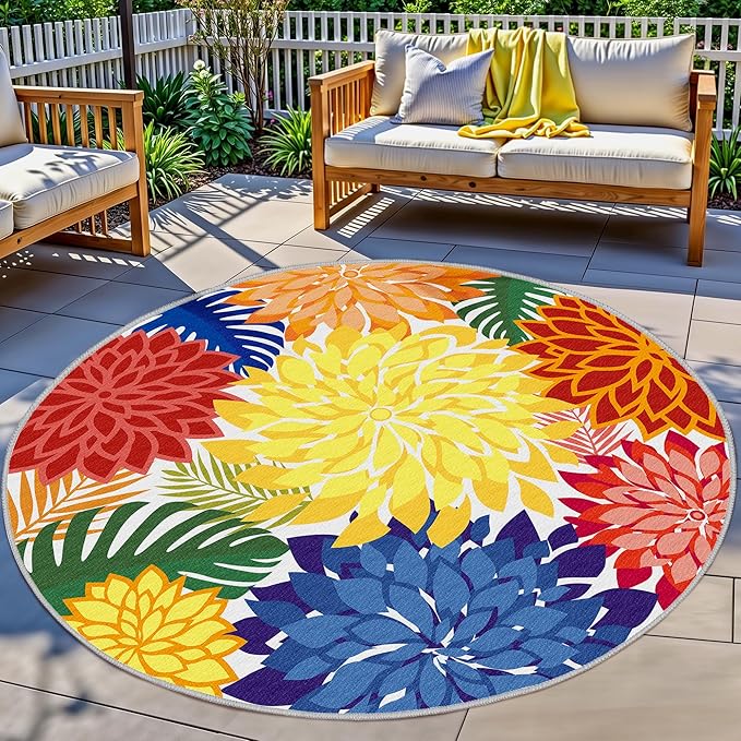 Indoor Outdoor 6FT Round Area Rug Washable Rugs Multicolored Patio Rug Tropical Botanical Modern Floral Indoor Outdoor Round Carpet Non Slip for RV, Pool Deck, Backyard, Porch