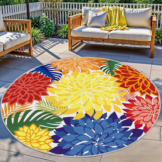 Indoor Outdoor 6FT Round Area Rug Washable Rugs Multicolored Patio Rug Tropical Botanical Modern Floral Indoor Outdoor Round Carpet Non Slip for RV, Pool Deck, Backyard, Porch