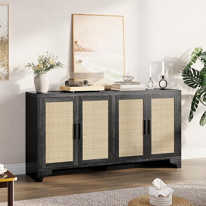 GAOMON TV Stand for TVs Up to 70'', Natural Rattan Entertainment Center with Storage Cabinets, Boho Media Console Table for Living Room, Farmhouse Cabinet, Black