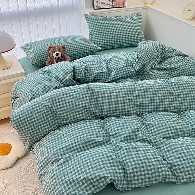 mixinni Dark Green Gingham Comforter Set Full, Plaid Comforter Set 3 Pieces 1 Teal Grid Comfoter with 2 Pillow Cases for All Seasons, Soft Fluffy Modern Grid Pattern Printed Bedding-Full Size