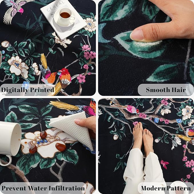 3x5 Washable Rug Chinoiserie-Style Floral Vintage Area Rug Non Slip Low Pile Small Carpet for Bedroom, Bedside, Kitchen, Entryway, Kids Room, Office, Black