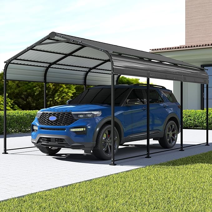 10x15FT Metal Carport, Heavy Duty Frame with Updated Galvanized Steel Roof, Enhanced Base, Outdoor Garage Car Storage Shelter for Cars, Boats, Tools, Party