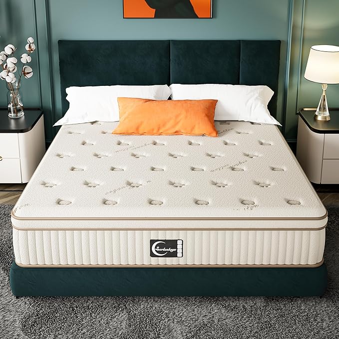 Gel Foam Innerspring Mattress - 14 Inch Queen Size Mattress for Back Pain Relief, Medium Firm with Reinforced Edge Support, Off-White