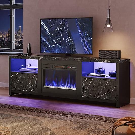 Bestier 70" Electric Fireplace TV Stand for TVs Up to 75", Modern Entertainment Center with Storage Cabinets, LED Lights, Open Shelves and Cable Holes for Living Room, Black Marble