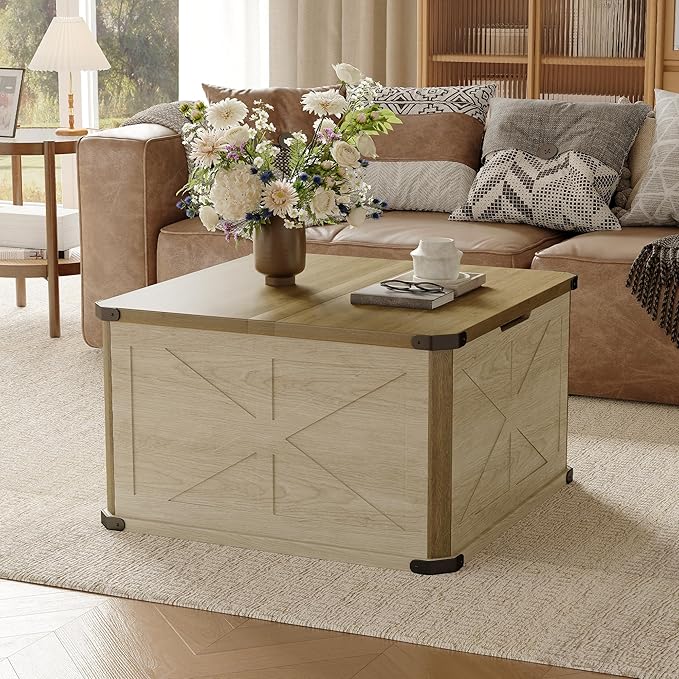 HOPUBUY Farmhouse Coffee Table with Hidden Storage - Rustic Wood Center Table for Living Room, Metal Corner Reinforcement, Square Design with Flip-Top Compartment, Brown and Rustic White