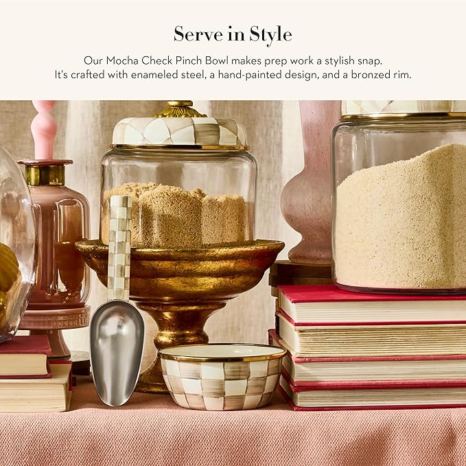 MACKENZIE-CHILDS Enamel Pinch Bowl, Small Bowl for Kitchen Ingredients, 1.5-Cup Capacity, Brown-and-White Mocha Check