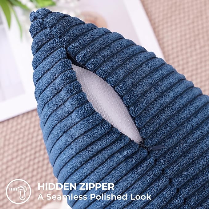 Mecatny Corduroy Decorative Throw Pillow Covers 12x20 Set of 2 for Sofa Living Room, Soft Neutral Boho Couch Pillow Covers for Home Decor, Navy Blue