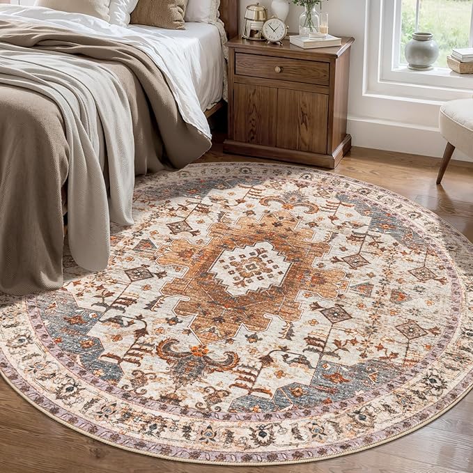 Tangsoo Vintage Round Rug 5ft Washable Circle Rug, Non Slip Boho Round Area Rug, Low Pile Circular Rugs, Round Carpet for Bedroom,Livingroom,Nursery,Dorm,Office,Turmeric