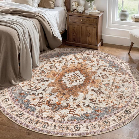Tangsoo Vintage Round Rug 5ft Washable Circle Rug, Non Slip Boho Round Area Rug, Low Pile Circular Rugs, Round Carpet for Bedroom,Livingroom,Nursery,Dorm,Office,Turmeric