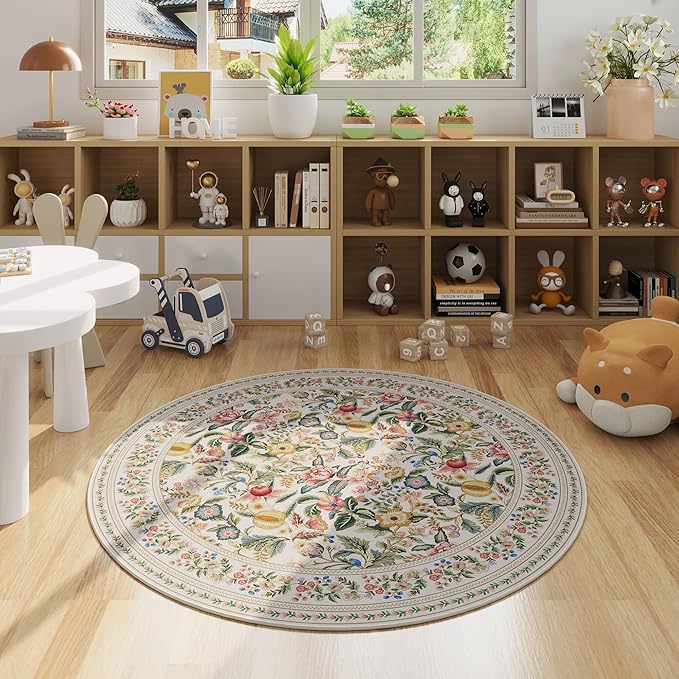 Round Rug 4ft Washable Circle Rug Non Slip Low Pile Vintage Floral Small Circular Rug for Bedroom, Bathroom, Entryway, Kids Room, Office, Beige