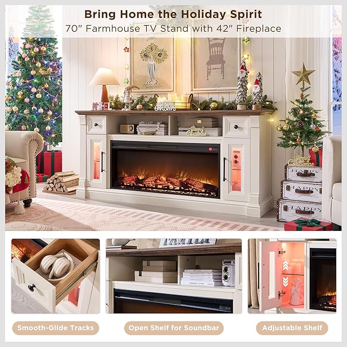 OKD Fireplace TV Stand for 80 Inch TV - Farmhouse Entertainment Center with 42" Electric Fireplace & LED Lights, Wood Media Console with Storage Drawers & Cabinets for Living Room, Antique White