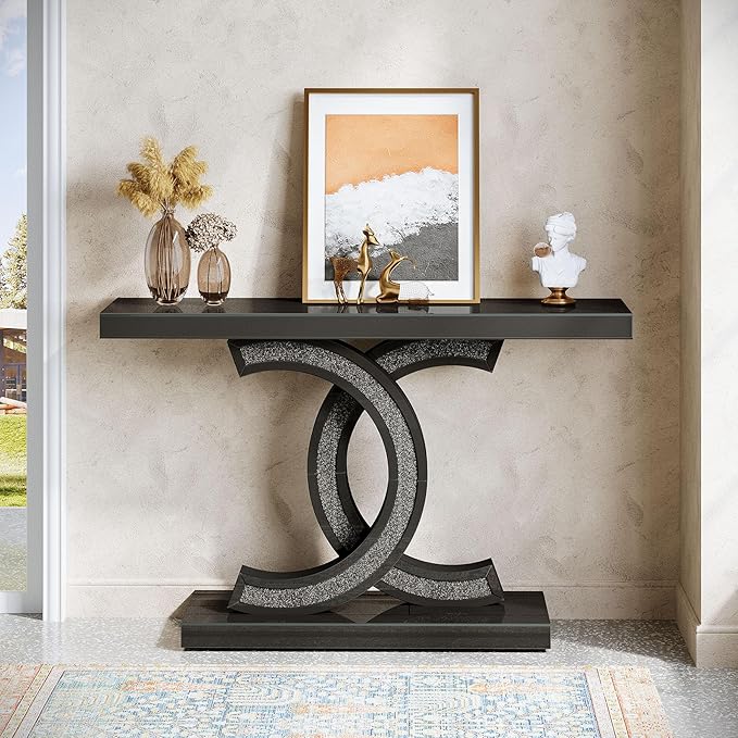 39-inch Mirrored Console Table, Modern Black Entryway Table with Sparkling Crystal Inlays, Glass Sofa Table with Mirror Finish for Entrance, Living Room