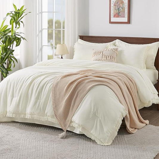 Andency Ivory Queen Size Comforter Set with Sheets - 7 Pieces Boho Tassel Bed in a Bag Soft Lightweight Bedding Sets, Ivory Fringe Bed Set with Comforter, Sheets, Pillowcases & Shams
