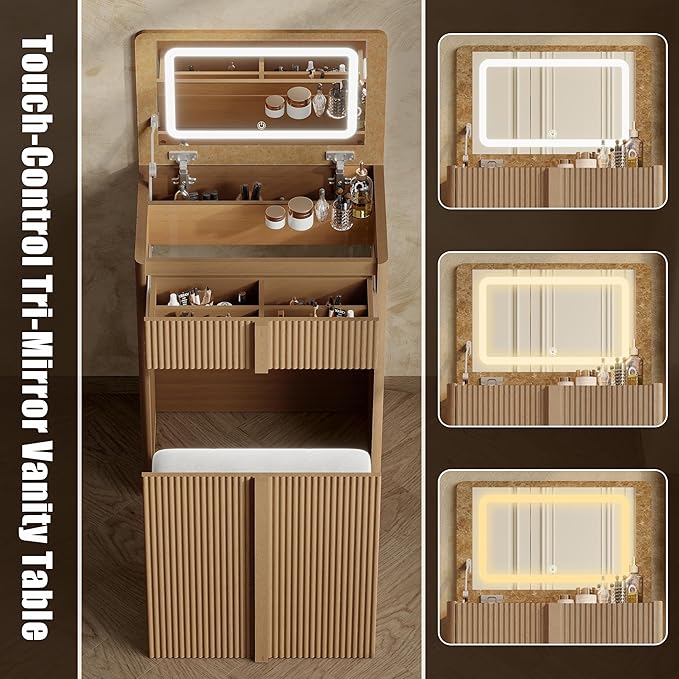 24" Vanity with Chair, Makeup Vanity Desk with Lights and Flip Top Mirror, Natural Oak